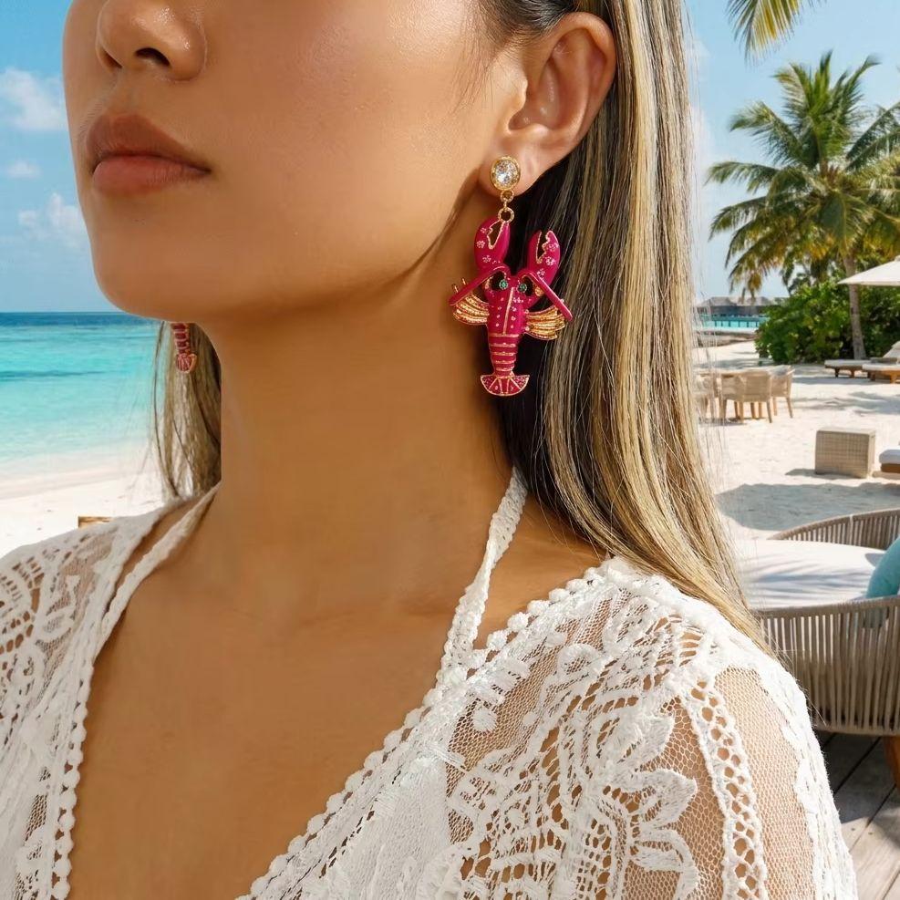 Cute Red Lobster Dangle Earrings for Women Shiny Rhinestone Enamel Ocean Animal Jewelry Summer Vacation Accessories
