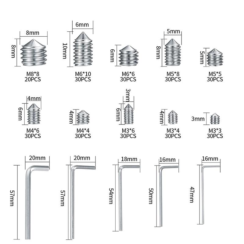 290Pcs Grub Screws Mixed with Storage Box Stainless Steel Cone Point Screws Hex Head Thread Socket Screw Assortment with Wrench