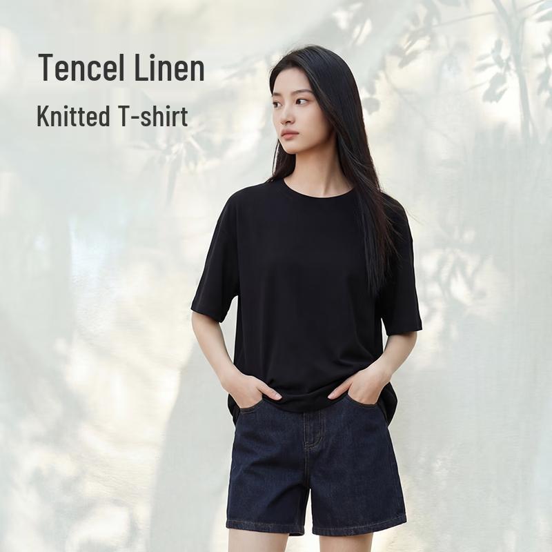 JD-made Women's Knitted Linen Blend Short Sleeve T-Shirt