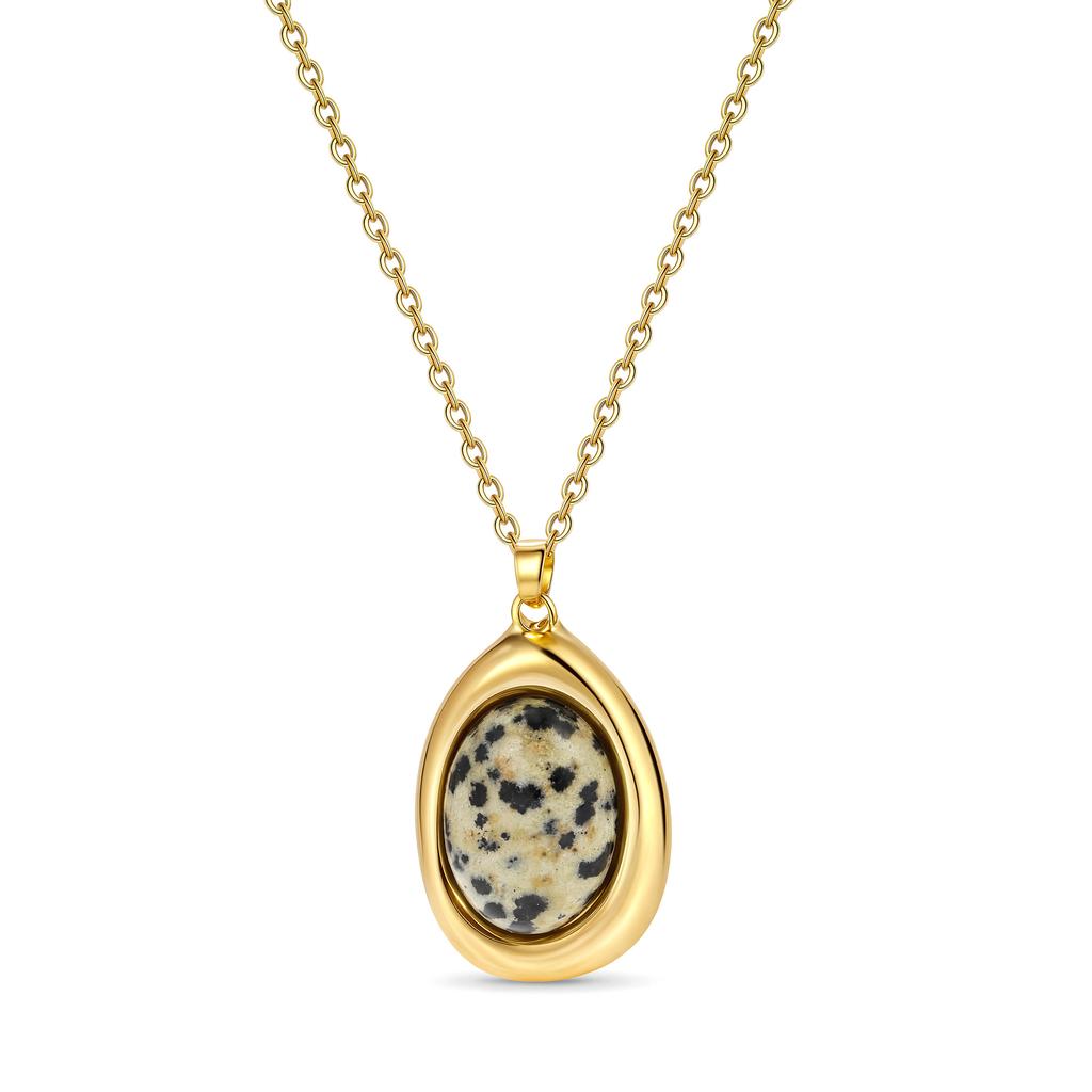 Gold Tone Oval Natural Stone Pendant Necklace, Vintage Cabochon Gemstone Chain for Women Gift