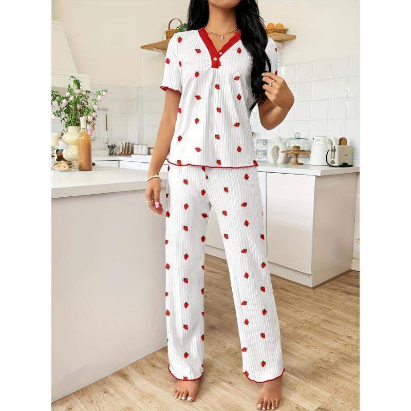 [Elegant Pajama] Comfy Elegant Women's Pajama Set | V-Neck Lace Trim, Short Sleeve Top & Long Pants, Red & White Cherry Print, Loungewear