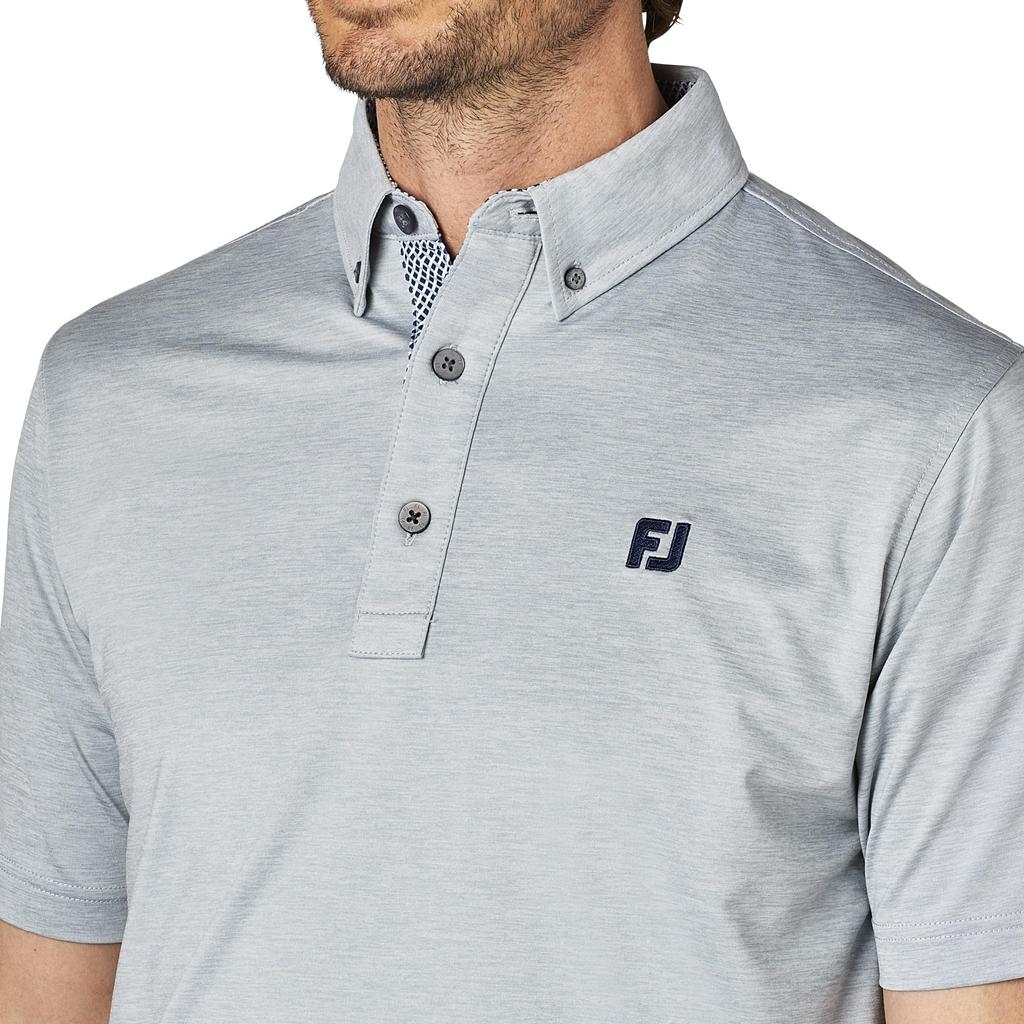 FootJoy Men's Heather Print Short Sleeve Button-Down Golf Shirt, Gray, Size L (FJ-S25-S17, 34540-L)