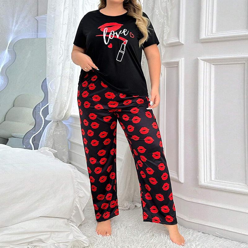 Frühling Sommer Übergröße 5XL Damen Grafikdruck Pyjama Set Zweiteiliger Schlafanzug Anzug Loungewear Kurzarm Oberteil und Hose Pyjama Damen Homewear