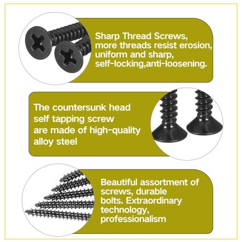 Zmbroll M2 Black Countersunk Head Self-Tapping Screws, 650 Pieces, Phillips Drive, Wood Screws, Metric Sheet Metal Screws, Carbon Steel, Micro Electro