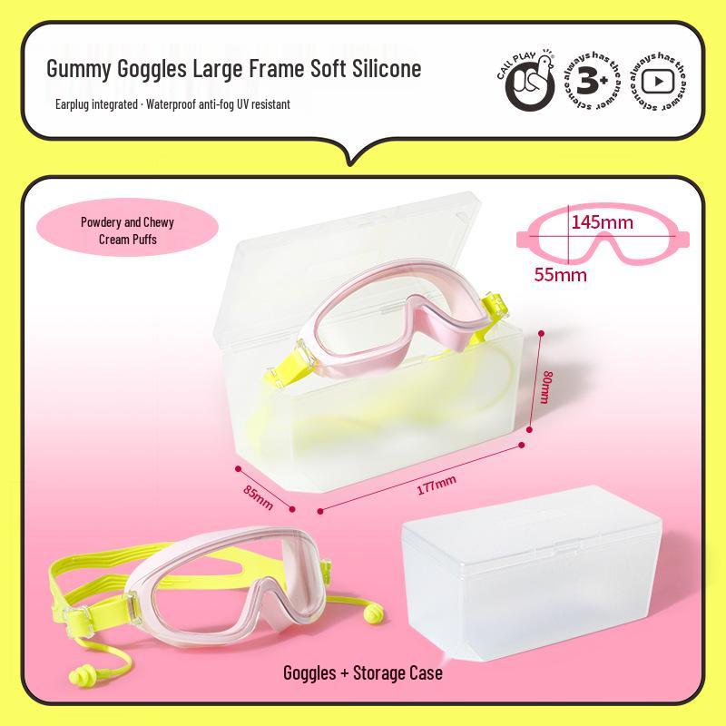 KedaYa Kids Large Frame Silicone Swimming Goggles, Waterproof, Anti-Fog, HD, with Integrated Earplugs.