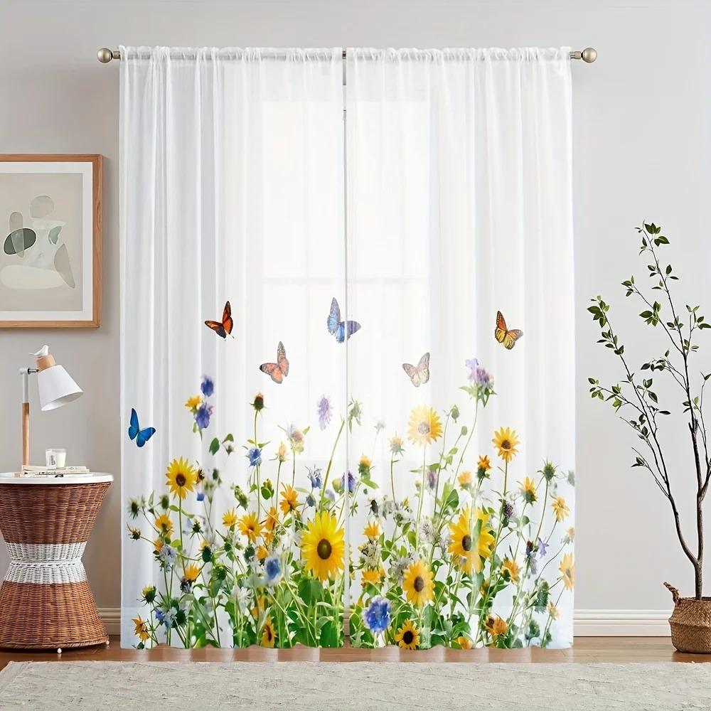 2pcs Sunflower Pattern Semi-sheer Curtains Decorative Window Drapes Window Treatments For Bedroom Living Room Home Decoration