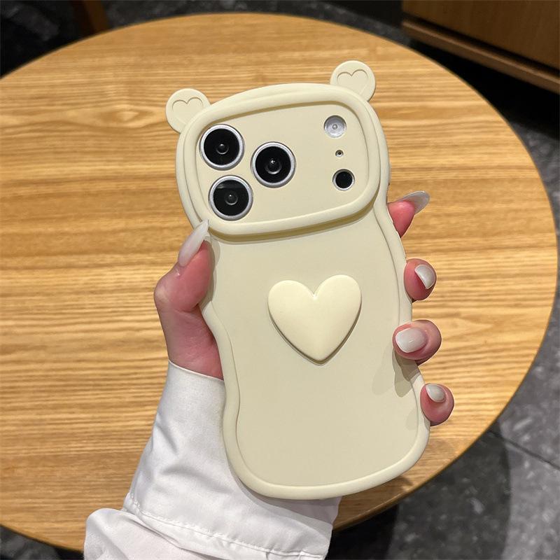 Cute Bear Ear Protective Case for iPhone 11/13/14/15/16/17 Pro with Heart Design