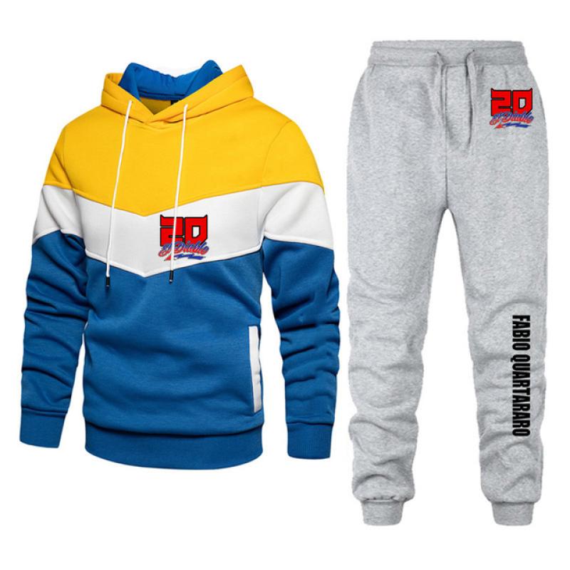 Men FABIO QUARTARARO WITH SIGNATURE Tracksuits Two Piece Set New Three Color Patchwork Hoodie Pant Fshion Casual Sportswear