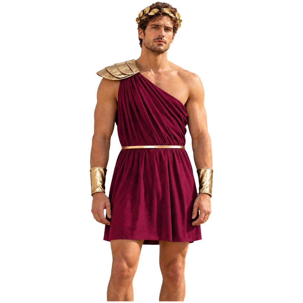 Men One Shoulder Greek Costume Toga Jumpsuit with Tiered Epaulet Elastic Waist Detachable Belt Cuffs Leaf Wreath for Stage Performance Cosplay
