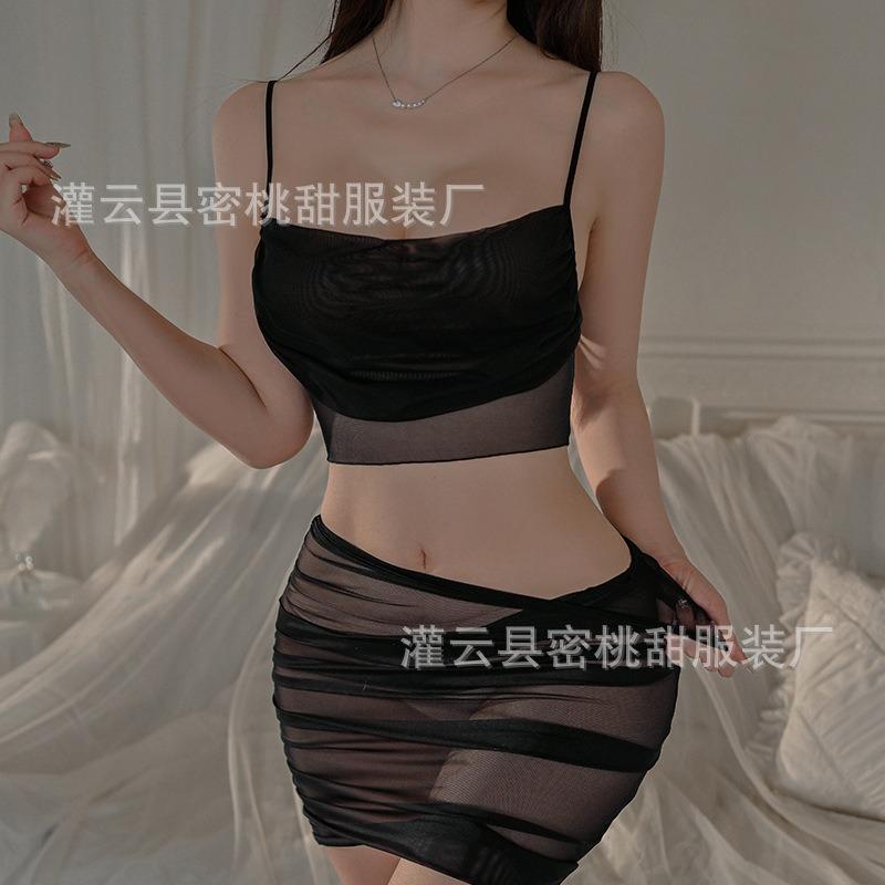 Sexy underwear, hot split suspender top, hip skirt, sexy mesh perspective pajama set
