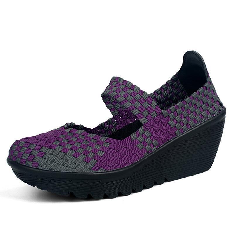 Dámské tkané elastické robustní podpatky na klínu Platforma pro volný čas Nízké podpatky Lehká prodyšná Mary Jane pro ženy Nazouvací lodičky Boty Vycházková obuv