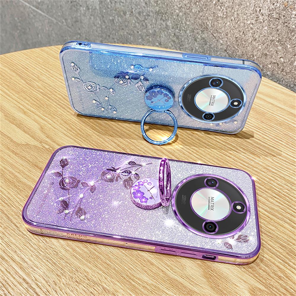 For Honor X60 5G Case Ring Kickstand TPU Flowers Phone Cover Gradient Glitter