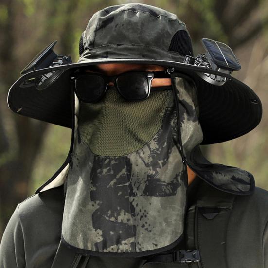 Pălărie solară cu ventilator cu clapă pentru gât Protecție facială cu boruri largi, protecție UV, ventilator de răcire, pălărie de pescuit, reîncărcabilă, pliabilă, pentru bărbați, în aer liber, pentru drumeții, pălărie de soare.