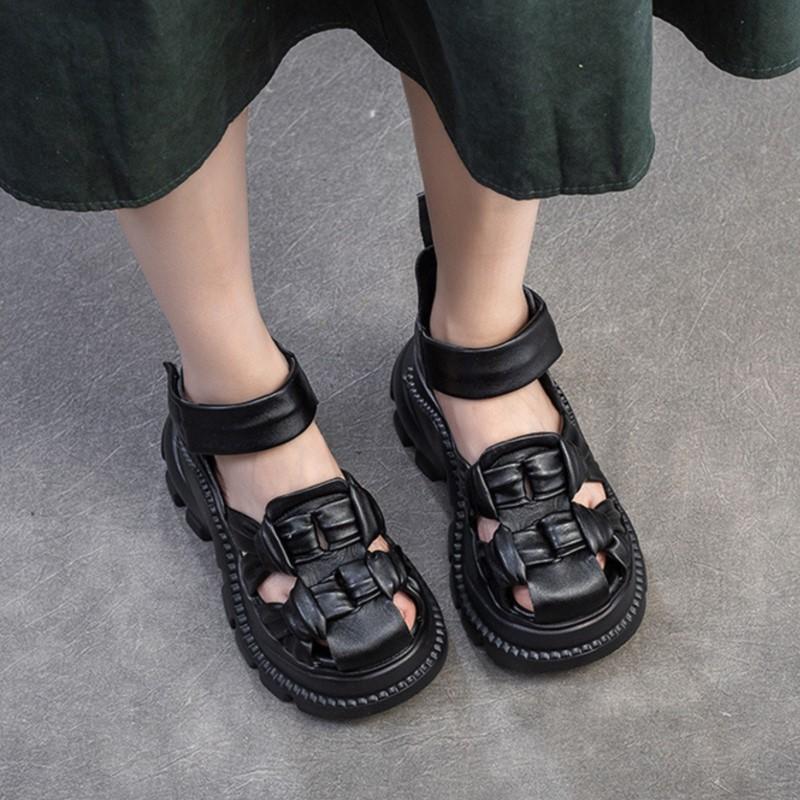 Fashion CKTINOO 2025 Summer New Genuine Leather Platform Sandals Comfortable Weaving Breathable Retro Women's Shoes