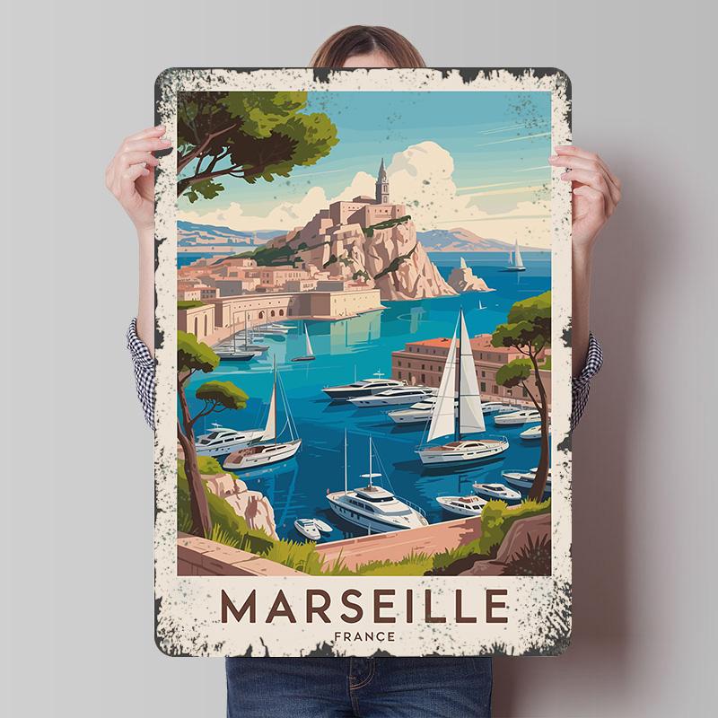 

Marseille France Travel Cityscape Metal Poster Customized Wall Art Retro Vintage Tinplate Signs for Apartment Decoration Room 7.9x11.8In(20x30cm)
