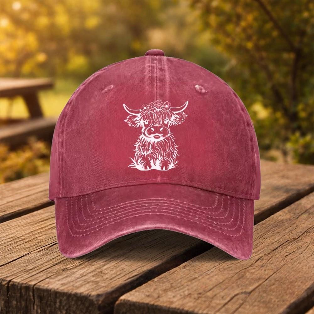 Highland Cow Print Baseball Cap Washed Denim Adjustable Outdoor Casual Fashion Hat