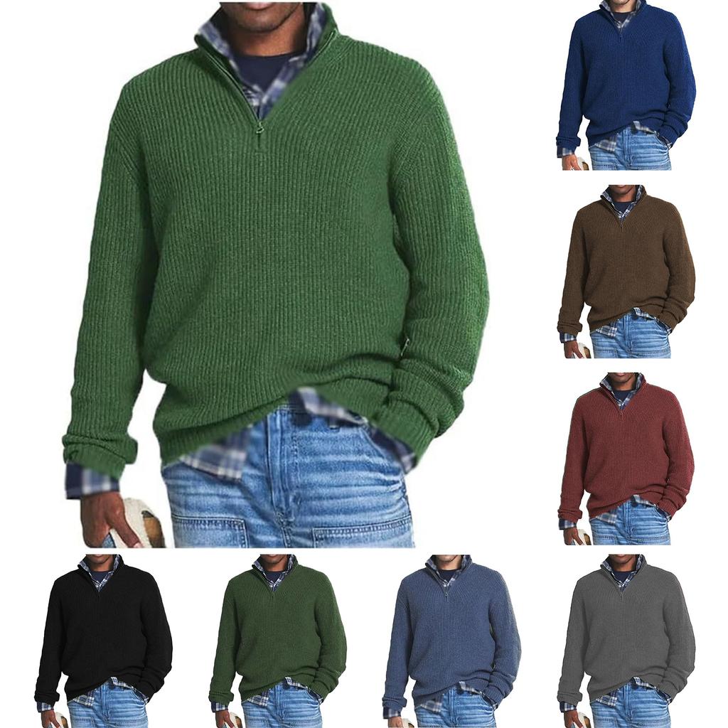 Men's Casual Loose Solid Color Semi-zipper Stand-up Collar Sweater, Men's Warm Long-sleeved Pullover Knitted Sweater