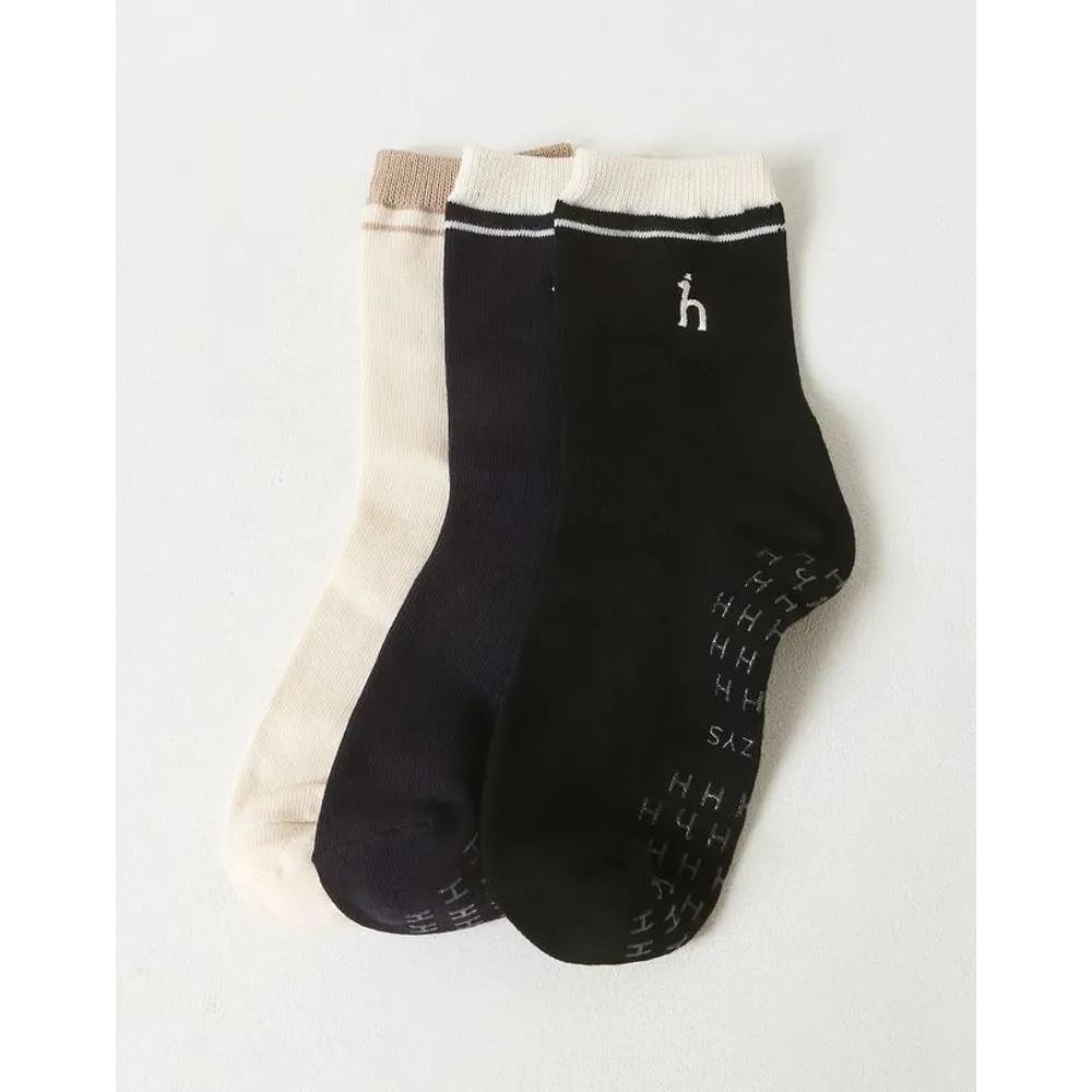 HISS6E229IV_Women's Ivory Line Color Block Cotton Blend Mid-calf Socks 3-Piece Set
