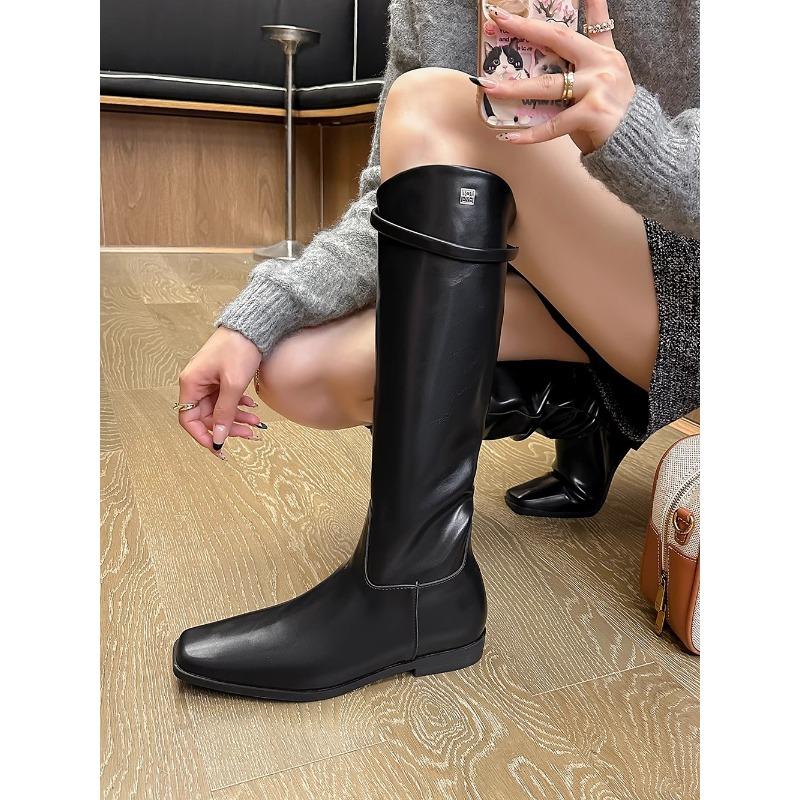 Cowhide Version! Stylish and Versatile New Square Head Leather Diagonal Ring Belt Thick Heel High Knight Boots Long Boots Women's Autumn