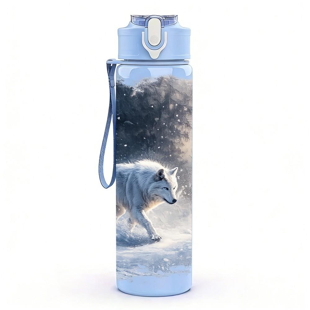 1PC Winter Snow Wolf Wild Animal Print 750ml Color Plastic Sports Water Bottle Leakproof Flip Straw Lid Suitable for Sports Office Home Use