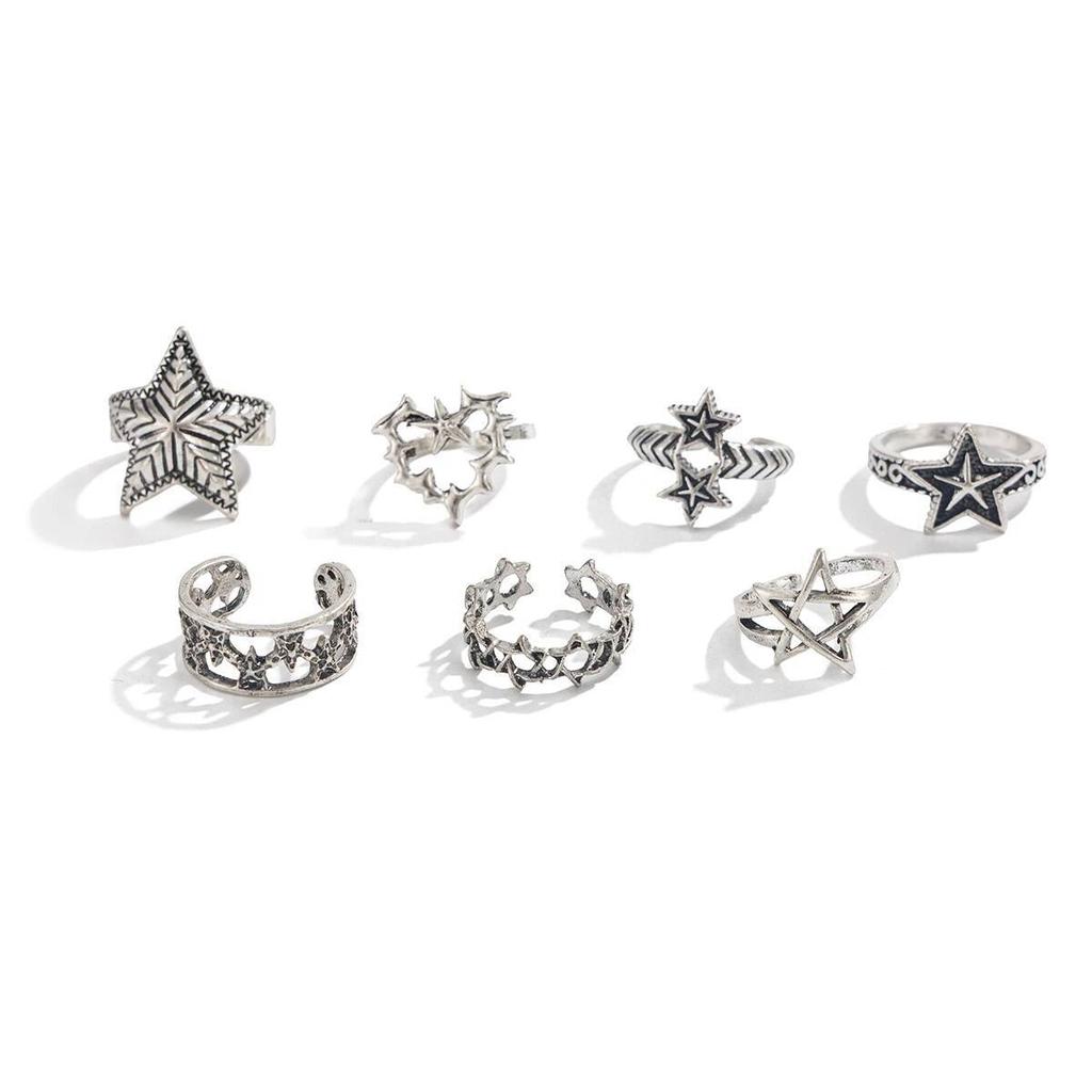 SHIXIN 7Pcs/Set Punk Geometric Stars Adjustable Open Rings Men Retro Goth Stackable Silver Color Knuckle Ring Hip Hop Jewelry