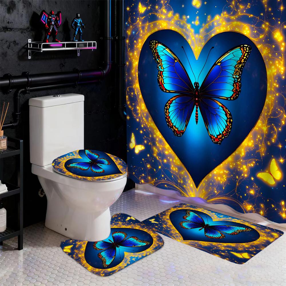Animal Butterfly Pattern Shower Curtain Bath Sets Waterproof Non-Slip Bathroom Rug Toilet U With 12 Hooks Home Deco