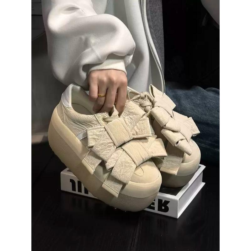 Bow Lace-up Muffin Platform Women's Versatile Small Height Increase Casual Shoes Board Shoes Single Shoes Tide