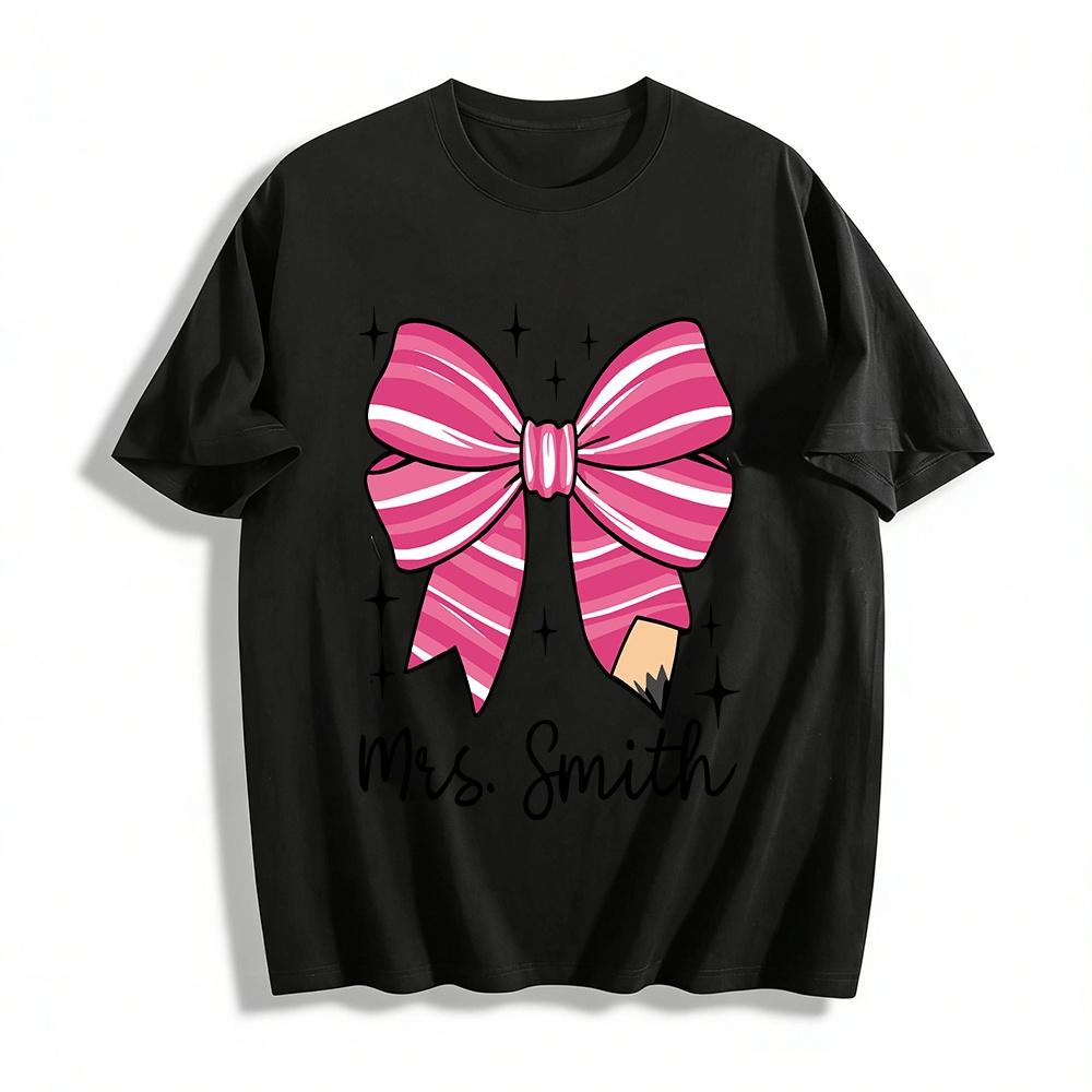 Personalized Mrs. Smith Pink Bow Pencil Print Teacher Casual Top Pure cotton T-shirt XXS