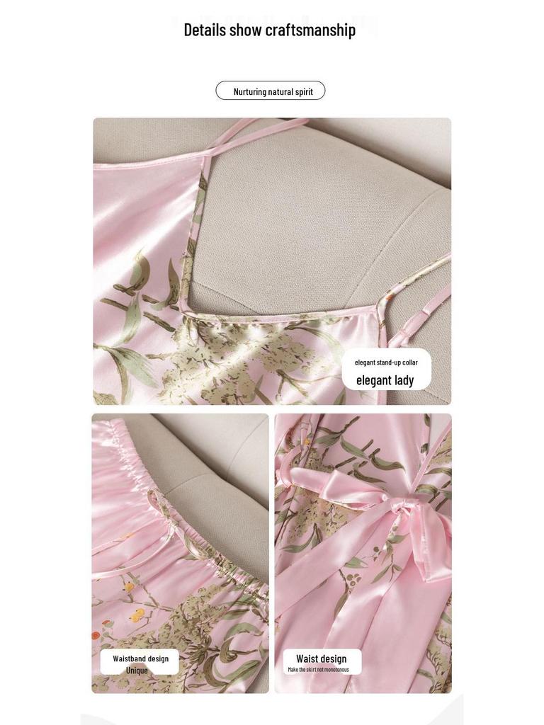 Elegant Women's Spring & Autumn Ice Silk Pajama Set: Long Sleeve Camisole Nightdress & Robe, 5-Piece Luxury Home Wear.