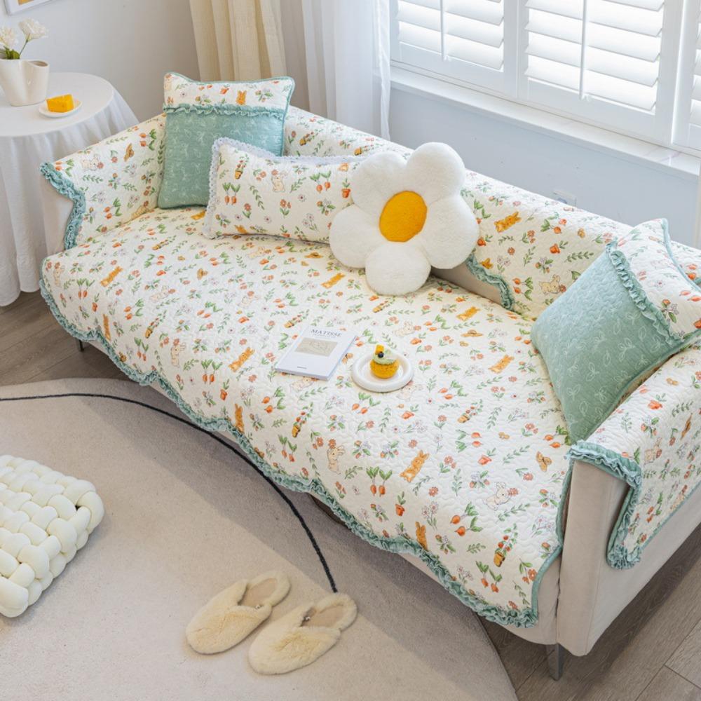 Cotton Printed Slipcover Washable Sofa Cover with Wave Edge Non Slip Full Coverage All Season