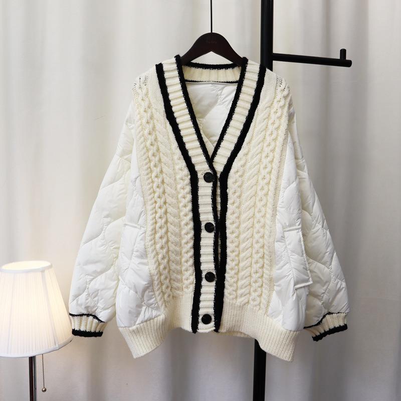 Autumn and Winter Loose Splicing Cotton Clothes Sweater Jacket Women's Lazy Wind Thickened Contrasting Color Knitted Cardigan Commuter Wind