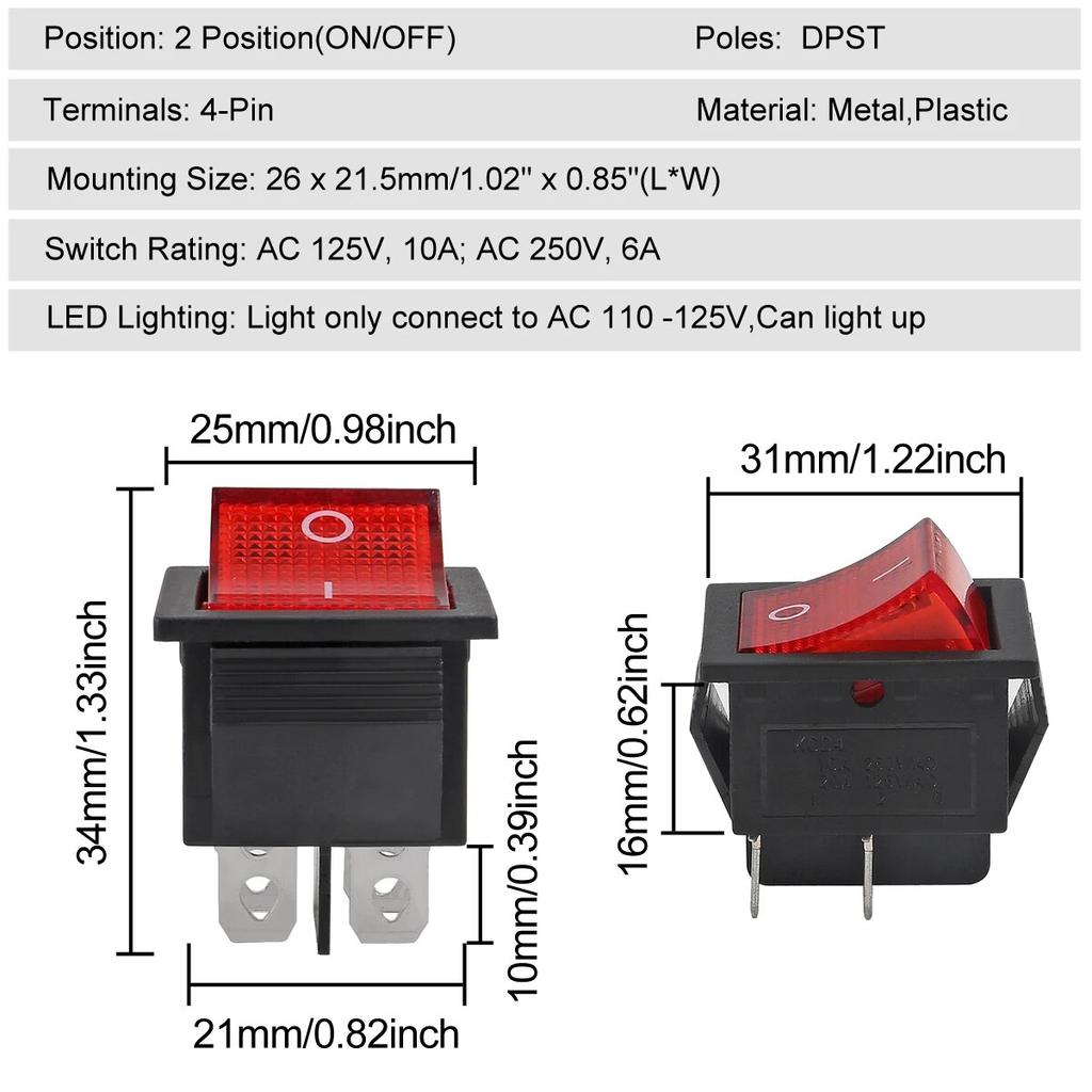 10pcs 15/30A 250V KCD2 KCD4 Rocker Switch DPST 4 Pin Red Lighted 120V Rocker Toggle Switch ON Off Heavy Duty