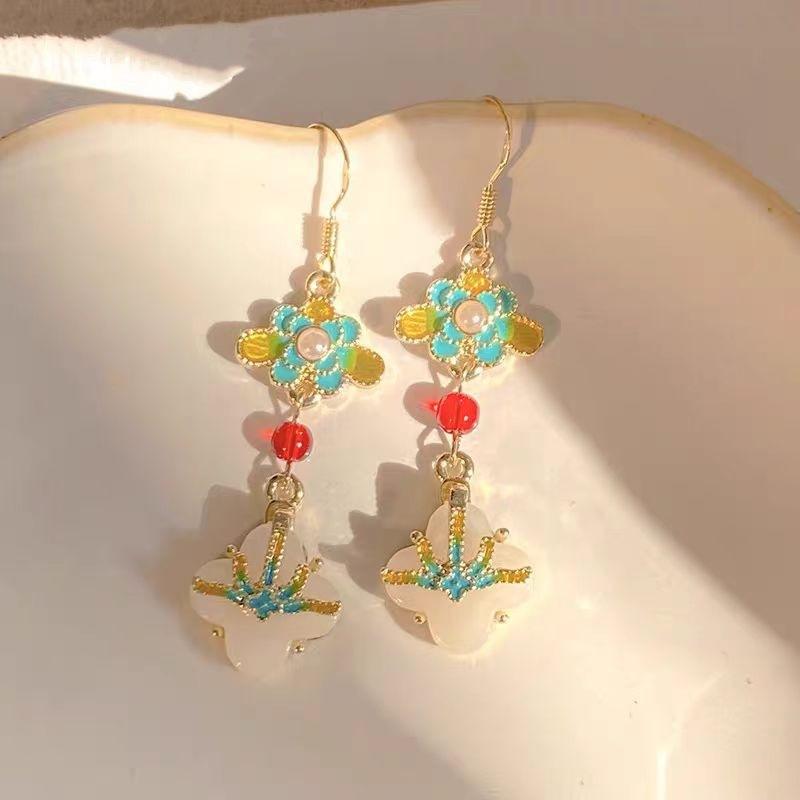 Antique elegant Hanfu versatile enamel glaze flower ear hook niche design fringed earrings retro temperament trendy earrings