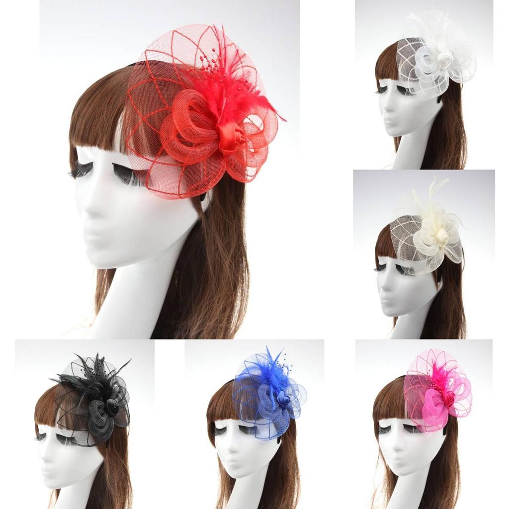 Vintage Feather Flower Bridal Headpiece With Veil And Mesh For Women