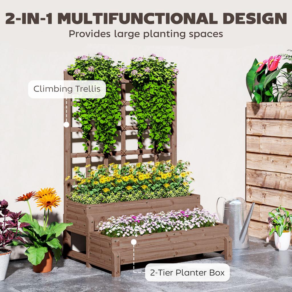 2-Tier Raised Garden Bed with Trellis, Wooden Elevated Planter Box with Drainage Holes, Outdoor Raised Planter for Climbing Plants, Fruits