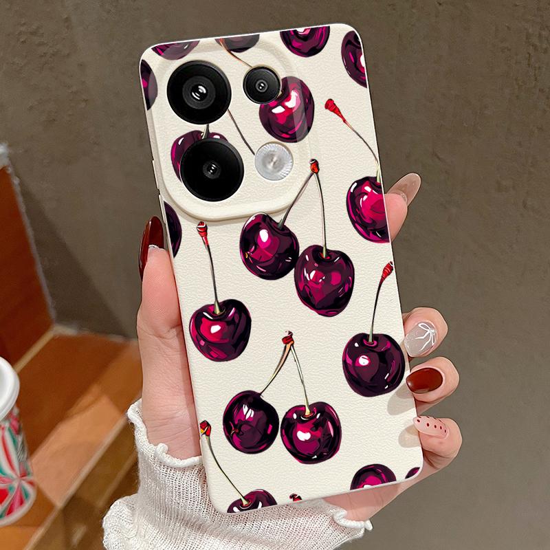 Retro Oil Painting Style Cherry Pattern Case For Xiaomi 14T 13T 11T Pro Funda Redmi Note 14 13 Pro 5G 12 11 Leather Texture Silicone Cover