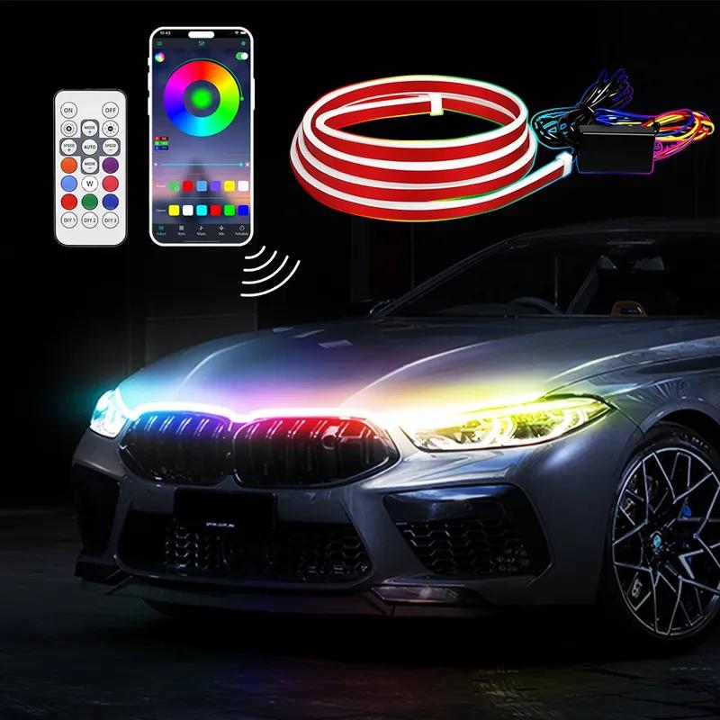 APP Control RGB Car Hood Light Strip Multi Color LED Engine Bay Accent Lighting Ambient Exterior Decoration Trunks SUVs Pickup