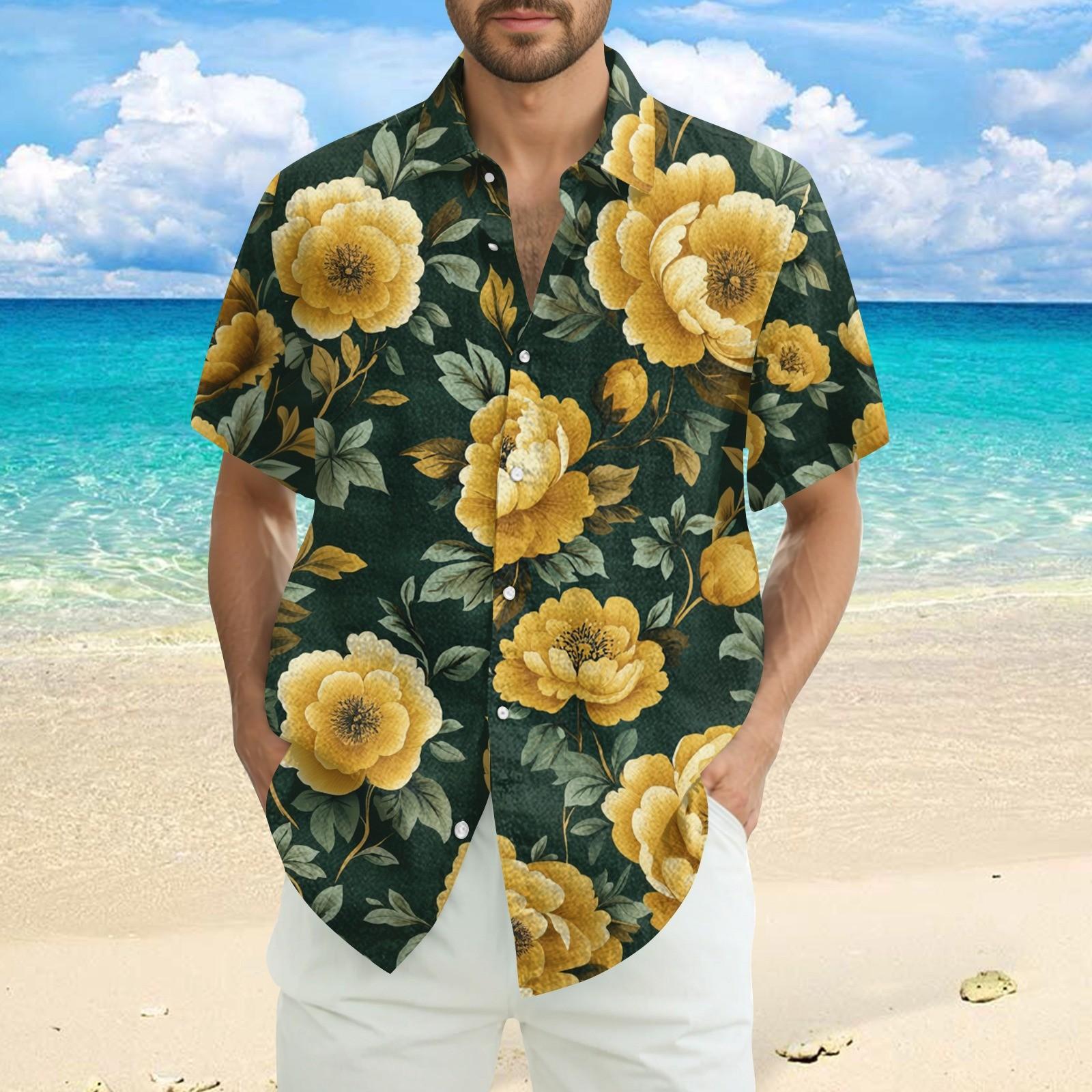 

Мужская модная повседневная рубашка с коротким рукавом свободного кроя с гавайским принтом L жёлтый