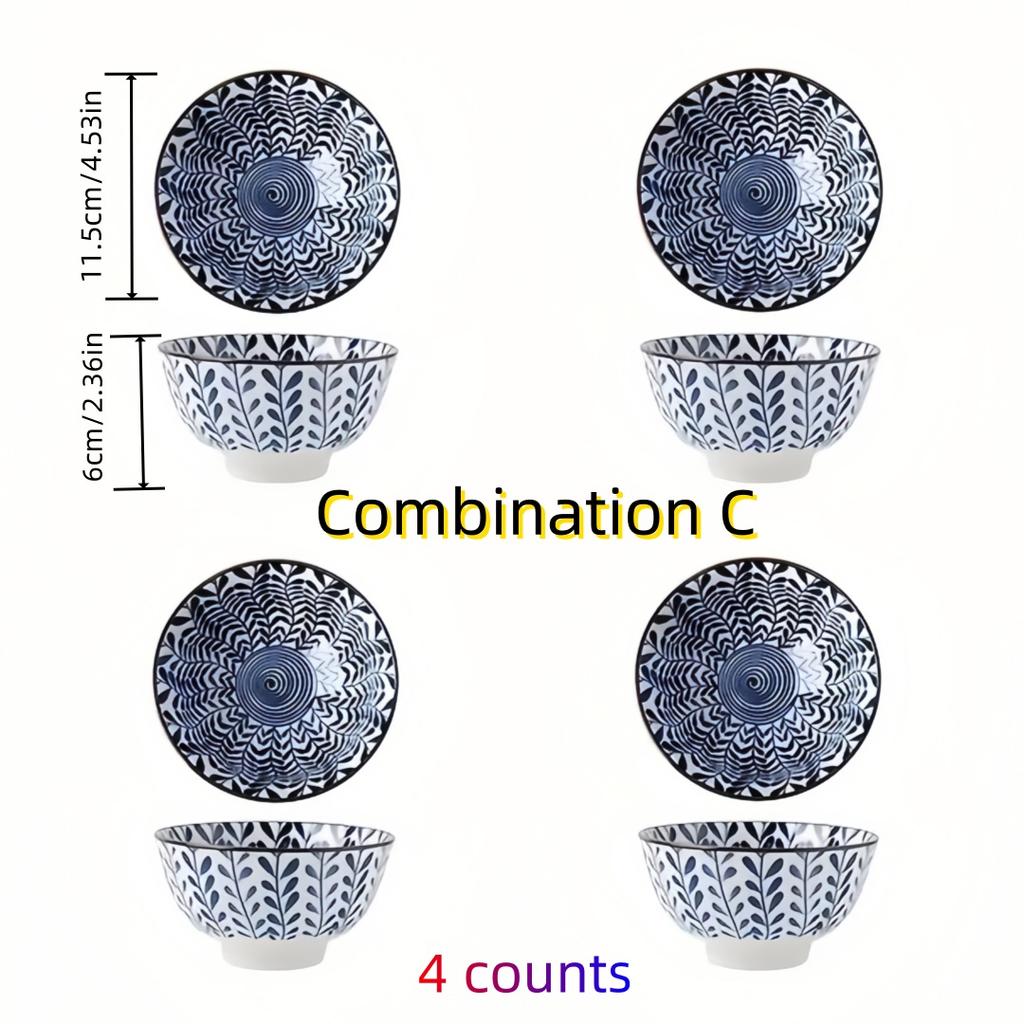 Japanese - Style Blue and White Hand - Painted 4.5 - Inch Ceramic Bowl, Retro - Style Rice Bowl for Home Use.