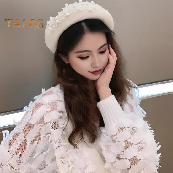 Women Beret Faux Pearl Rhinestone Decor Vintage English Style Woolen Hat No Brim Solid Color Adjustable Straps Pumpkin Cap