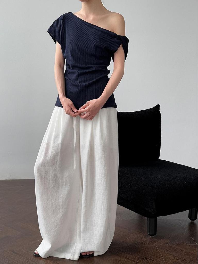 LUXI Asymmetrical One-Shoulder Waffle Knit Top - Summer Slim Fit for Women