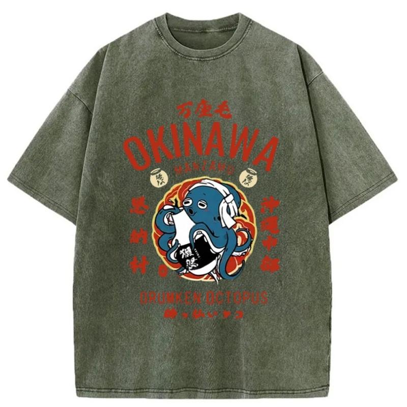 Unisex Fashion Short Sleeve Round Neck Harajuku Y2K Hip Hop Tee Okinawa Drunken Octopus Washed T-Shirt Summer Top