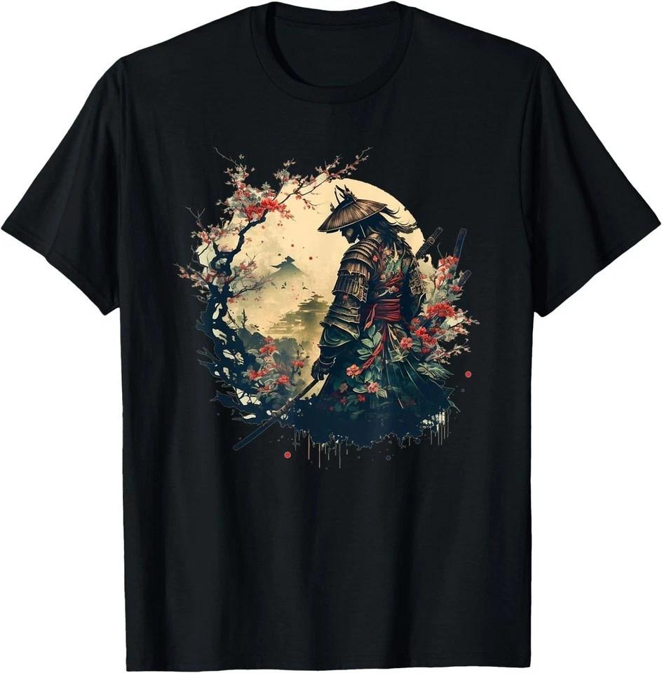 Samurai Warrior with Katana Mount Fuji Cherry Blossom Art T-Shirt M