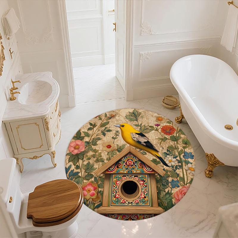 Vintage Flower Bird,Round Area Rug,Carpet Rug for Living Room Bedroom Sofa Playroom Decor,Non-slip Floor Mat