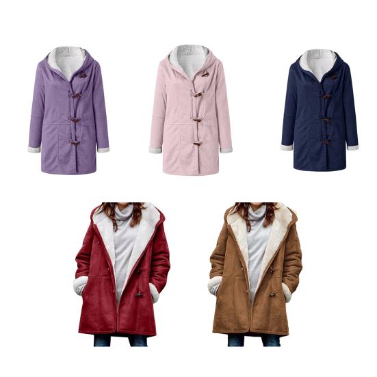 Women's Sherpa Lined Hooded Coat Casual Long Sleeve Horn Button Fleece Jacket with Hood Thicken Winter Warm Outerwear with Pockets