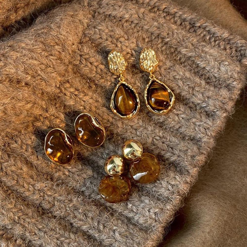 Trendy Retro Irregular Geometric Shape Water Drop Dangle Earrings Maillard Amber Color Earrings for Women Korean Jewelry Gifts