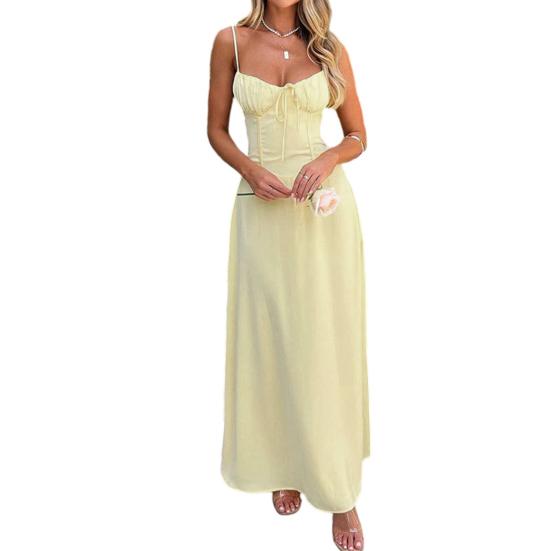 

Women Summer Maxi Sundress High Waist Tie Front A-line Flowy Dress Sleeveless Spaghetti Strap Boho Beach Long Dress S жовтий