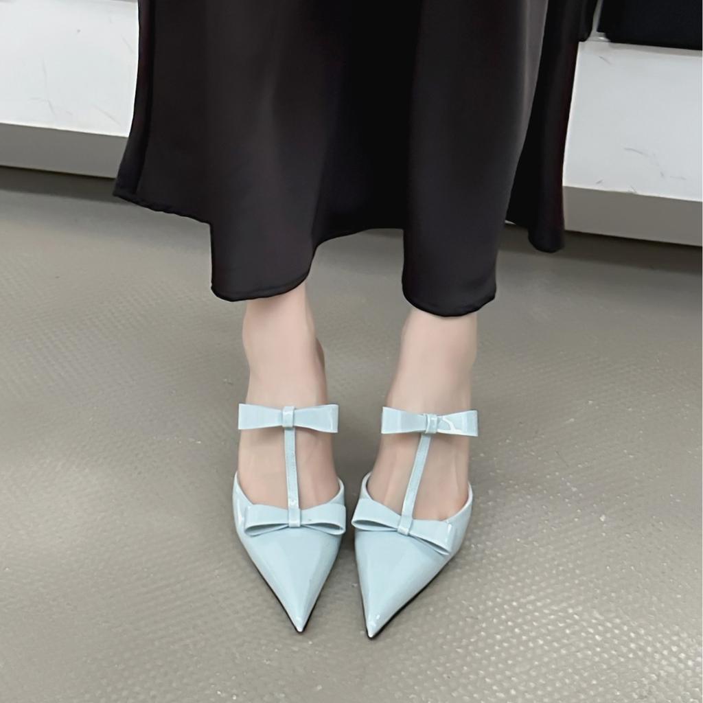 Women'S Shoes Spring Pointed Toe Thin Heel High Heel Elegant French Style Fashion Bow Outdoor Wear Slippers Mules