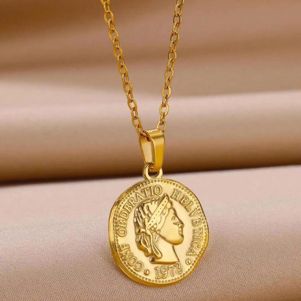 Portrait Coin Angel Retro Pendant Necklace Women's Accessories Versatile Titanium Steel Gold Plated New Middle and Ancient Style