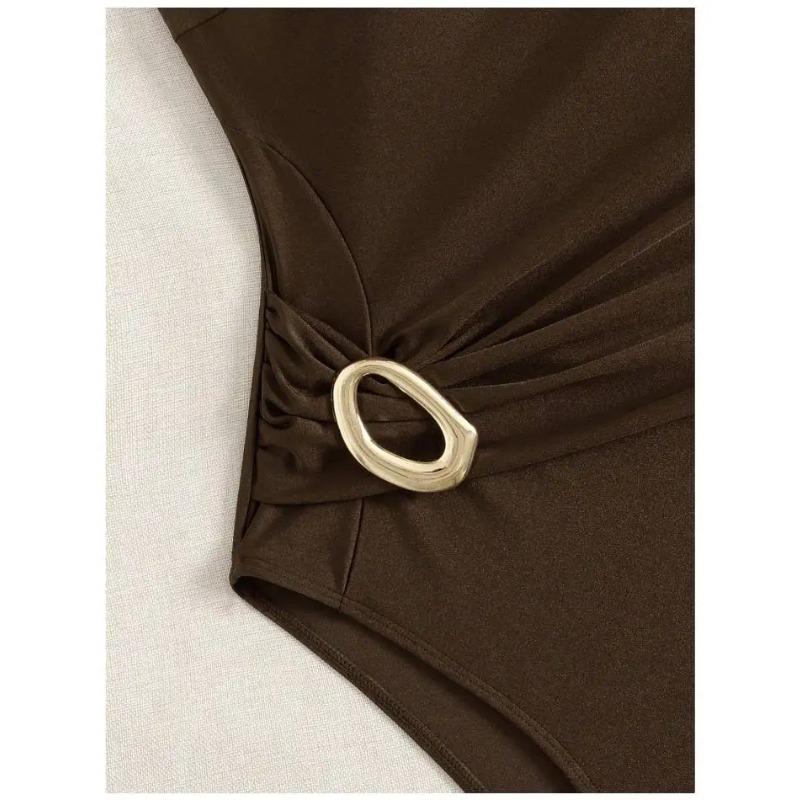 Cikini Brown Swimsuit Metal Jewelry One Shoulder Vacation Style One-Piece Summer Beach Swimwear Bathing Suit For Women